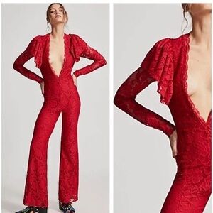 Free People Adeline Red Lace Jumpsuit SMALL wide leg ruffle sleeve‎
